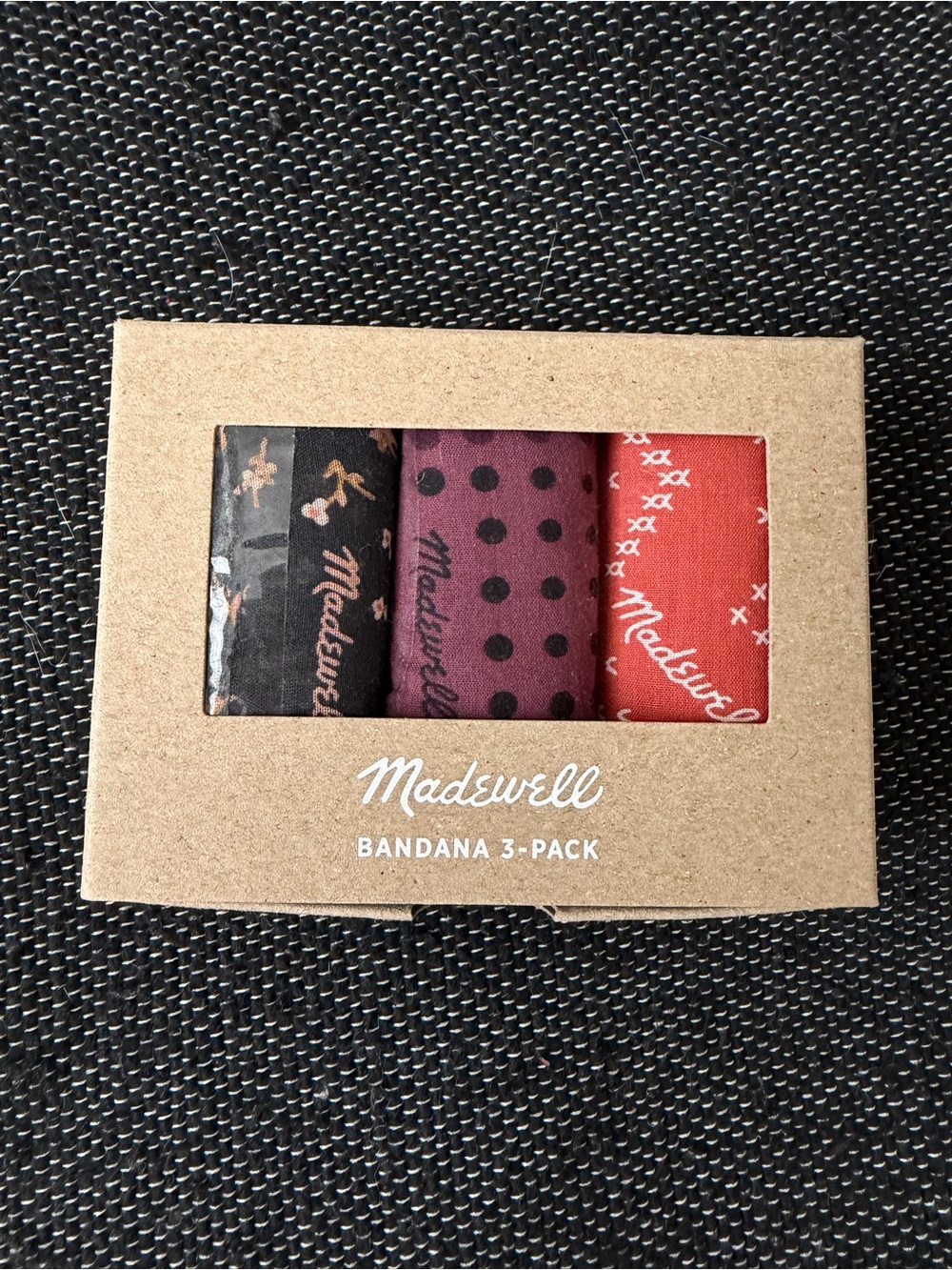 Madewell Bandana 3-Pack — Black, Maroon, Red-Orange. NWT smoke free home